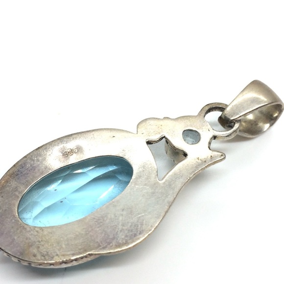 VINTAGE STERLING SILVER 925 LARGE BLUE FACETED GLASS PENDANT ABSTRACT BOHO - Picture 12 of 14